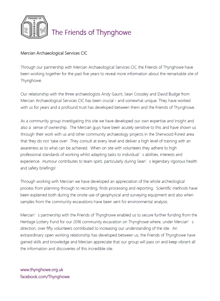 Mercian Archaeological Services CIC Reference from The Freinds of Thynghowe Community Group